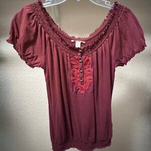 Lucky Brand Burgundy Boho Peasant Style Blouse (Small)